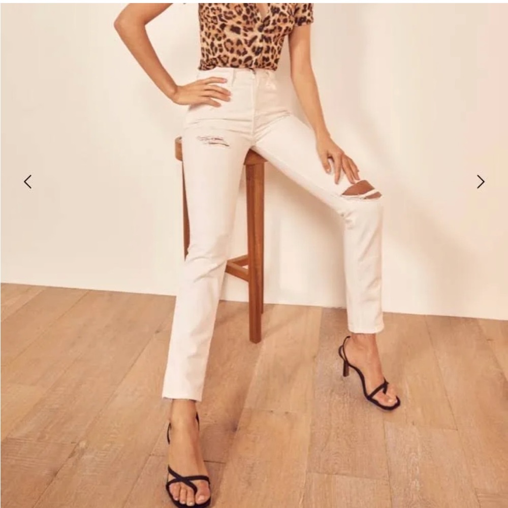 REFORMATION Julia High Cigarette Jeans Ivory Destroyed Size 26